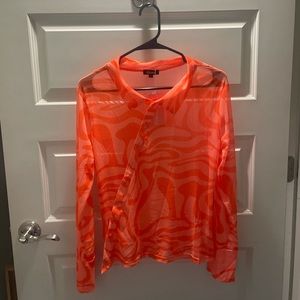 Waydamin Orange Swirl Mesh Top with Diagonal Button-Up